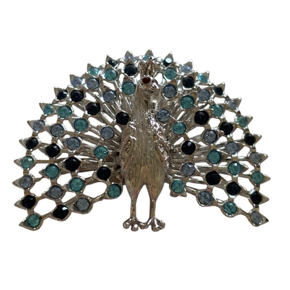 Silver Tone PEACOCK with Blue Rhinestone Statement Brooch Vintage